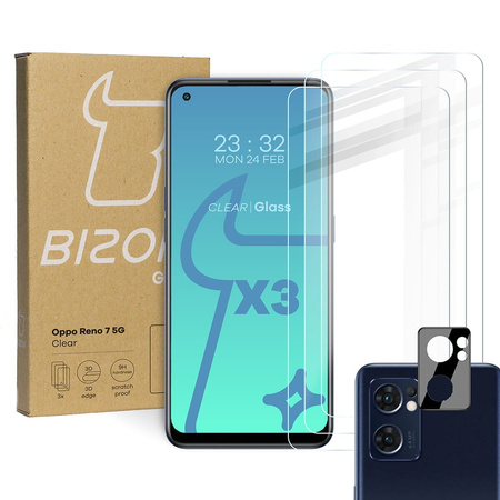 Szkło hartowane Bizon Glass Clear - 3 szt. + obiektyw, Oppo Reno 7 5G