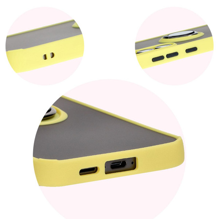 Etui z uchwytem na palec Bizon Case Hybrid Ring do Galaxy S24 FE, przydymione z żółtą ramką