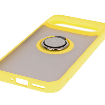 Etui z uchwytem na palec Bizon Case Hybrid Ring do Google Pixel 9 / 9 Pro, przydymione z żółtą ramką