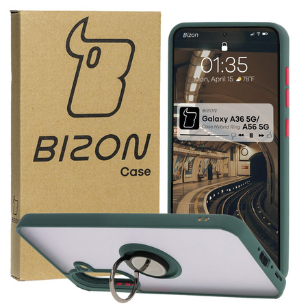 Etui z uchwytem na palec Bizon Case Hybrid Ring do Galaxy A36 5G / A56 5G, przydymione z ciemnozieloną ramką