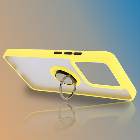 Etui z uchwytem na palec Bizon Case Hybrid Ring do Xiaomi 14T, przydymione z żółtą ramką