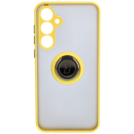 Etui z uchwytem na palec Bizon Case Hybrid Ring do Galaxy A35 5G, przydymione z żółtą ramką