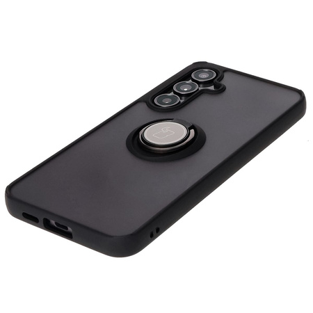 Etui z uchwytem na palec Bizon Case Hybrid Ring do Galaxy S24 FE, przydymione z czarną ramką