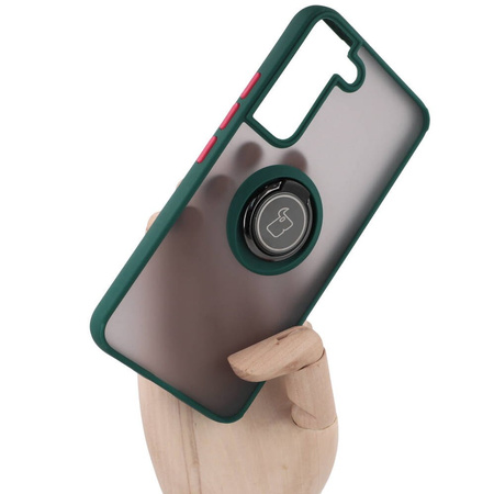Etui z uchwytem na palec Bizon Case Hybrid Ring do Galaxy S22, przydymione z ciemnozieloną ramką