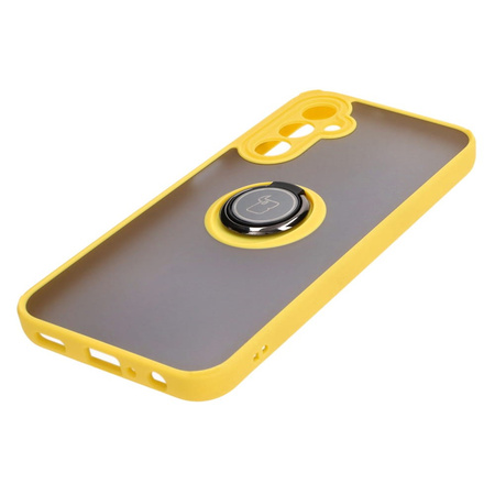 Etui z uchwytem na palec Bizon Case Hybrid Ring do Galaxy A24 4G, przydymione z żółtą ramką