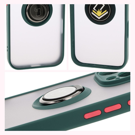 Etui z uchwytem na palec Bizon Case Hybrid Ring do iPhone 16 Pro Max, przydymione z ciemnozieloną ramką