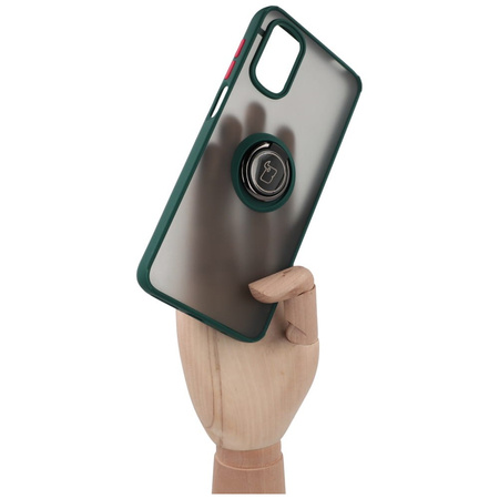 Etui z uchwytem na palec Bizon Case Hybrid Ring do Motorola Moto G22 / E32 / E32s, przydymione z ciemnozieloną ramką