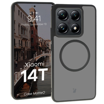 Etui z pierścieniem magnetycznym Bizon Case MatteO do Xiaomi 14T, półprzezroczyste z czarną ramką