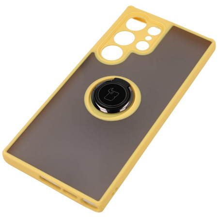 Etui z uchwytem na palec Bizon Case Hybrid Ring do Galaxy S23 Ultra, przydymione z żółtą ramką