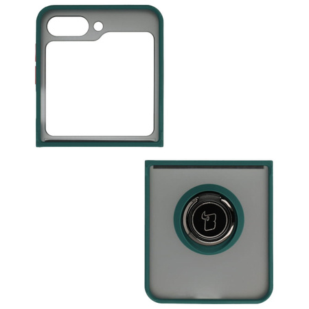 Etui z uchwytem na palec Bizon Case Hybrid Ring do Galaxy Z Flip5, przydymione z ciemnozieloną ramką
