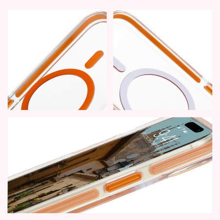 Etui z pierścieniem magnetycznym Bizon Case Marco do iPhone 15, przezroczyste z pomarańczową ramką