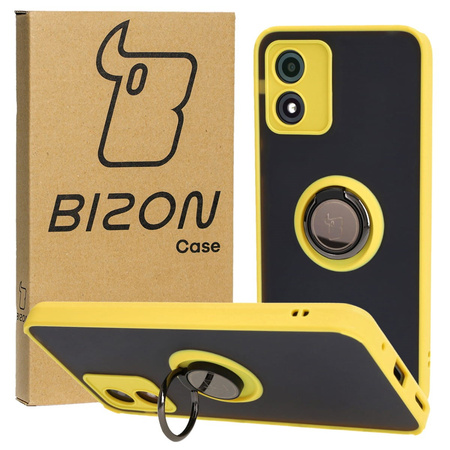 Etui z uchwytem na palec Bizon Case Hybrid Ring do Motorola Moto E13, przydymione z żółtą ramką