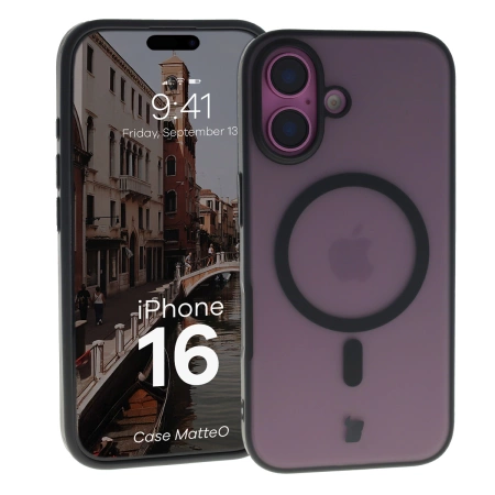 Etui z pierścieniem magnetycznym Bizon Case MatteO do iPhone 16, półprzezroczyste z czarną ramką
