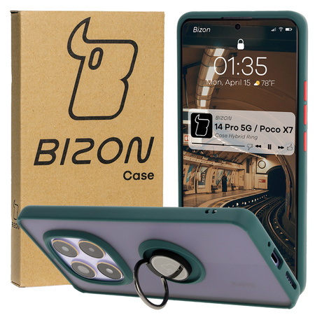 Etui z uchwytem na palec Bizon Case Hybrid Ring do Xiaomi Redmi Note 14 Pro 5G / Poco X7, przydymione z ciemnozieloną ramką