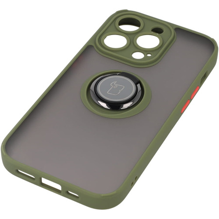 Etui z uchwytem na palec Bizon Case Hybrid Ring do iPhone 14 Pro, przydymione z zieloną ramką