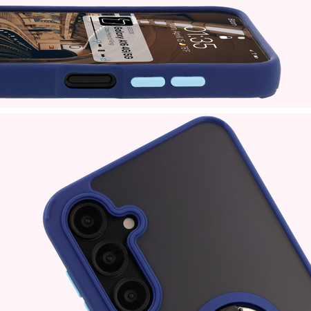 Etui z uchwytem na palec Bizon Case Hybrid Ring do Galaxy A16 4G/5G, przydymione z granatową ramką