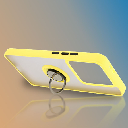 Etui z uchwytem na palec Bizon Case Hybrid Ring do Xiaomi 14T Pro, przydymione z żółtą ramką