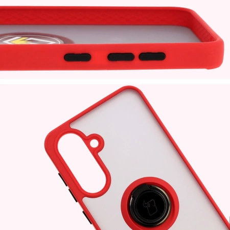 Etui z uchwytem na palec Bizon Case Hybrid Ring do Galaxy A36 5G, przydymione z czerwoną ramką