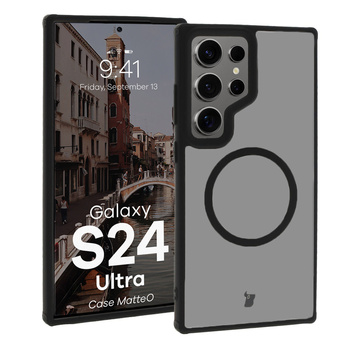 Etui z pierścieniem magnetycznym Bizon Case MatteO do Samsung Galaxy S24 Ultra, półprzezroczyste z czarną ramką