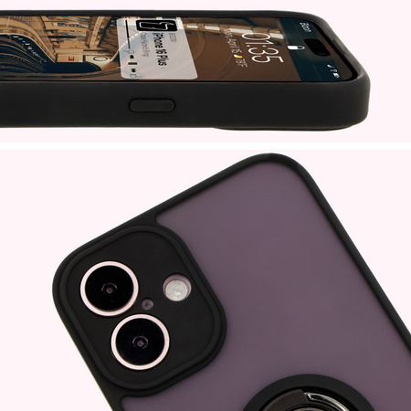Etui z uchwytem na palec Bizon Case Hybrid Ring do iPhone 16 Plus, przydymione z czarną ramką
