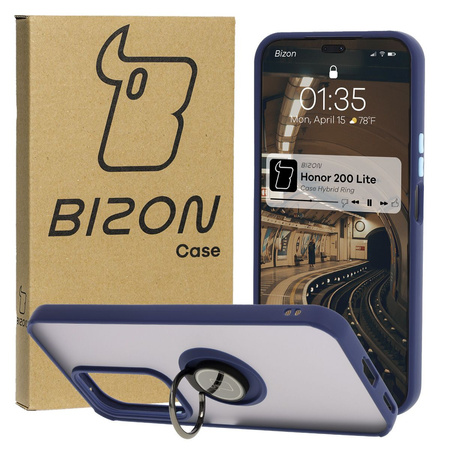 Etui z uchwytem na palec Bizon Case Hybrid Ring do Honor 200 Lite, przydymione z granatową ramką