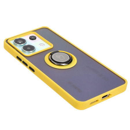 Etui z uchwytem na palec Bizon Case Hybrid Ring do Xiaomi Poco X6 / Xiaomi Redmi Note 13 Pro 5G, przydymione z żółtą ramką