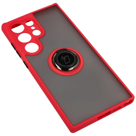 Etui z uchwytem na palec Bizon Case Hybrid Ring do Galaxy S23 Ultra, przydymione z czerwoną ramką