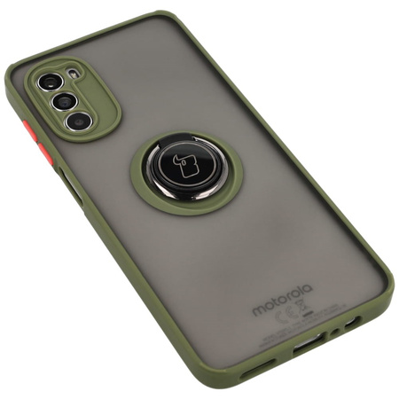 Etui z uchwytem na palec Bizon Case Hybrid Ring do Motorola Moto G52 / G82, przydymione z zieloną ramką