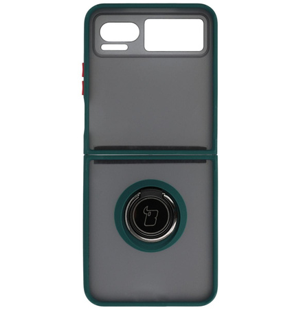 Etui z uchwytem na palec Bizon Case Hybrid Ring do Motorola Razr 40, przydymione z ciemnozieloną ramką