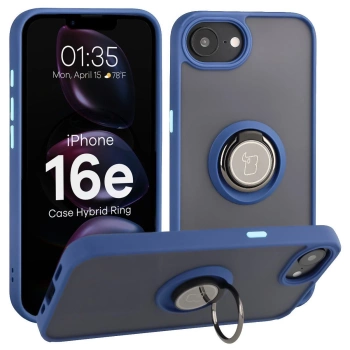 Etui z uchwytem na palec Bizon Case Hybrid Ring do iPhone 16e, przydymione z granatową ramką