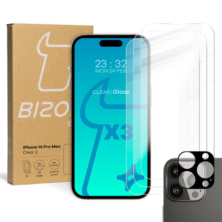 3x Szkło hartowane + szybka na aparat Bizon Glass Clear 2 Pack do iPhone 14 Pro Max