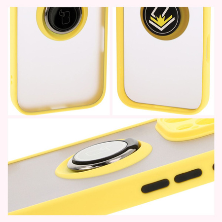 Etui z uchwytem na palec Bizon Case Hybrid Ring do iPhone 16 Pro Max, przydymione z żółtą ramką