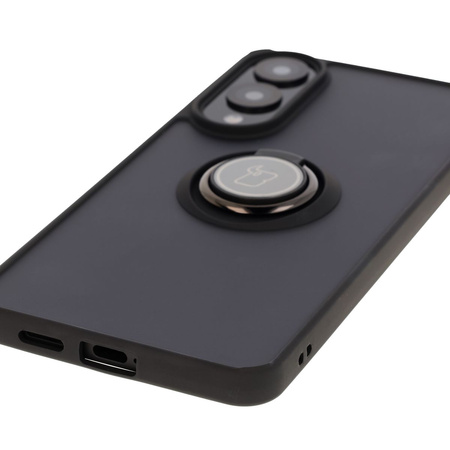 Etui z uchwytem na palec Bizon Case Hybrid Ring do Galaxy S25 Edge, przydymione z czarną ramką