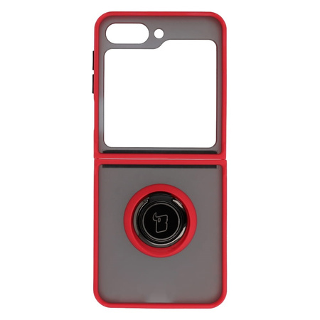 Etui z uchwytem na palec Bizon Case Hybrid Ring do Galaxy Z Flip5, przydymione z czerwoną ramką