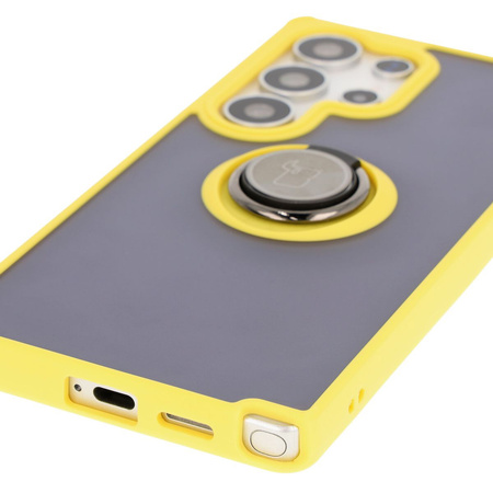 Etui z uchwytem na palec Bizon Case Hybrid Ring do Galaxy S25 Ultra, przydymione z żółtą ramką
