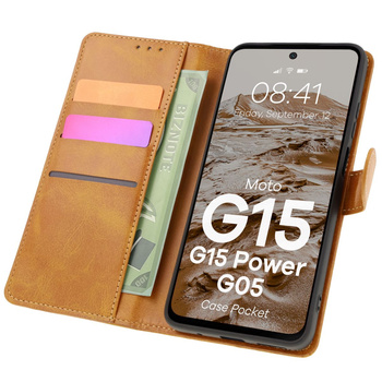 Etui z klapką Bizon Case Pocket do Motorola Moto G15 / G15 Power / G05, brązowe