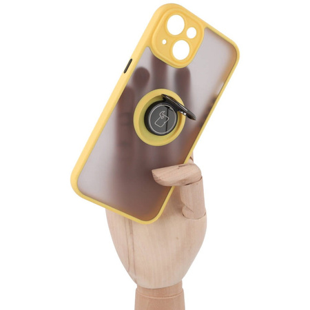 Etui z uchwytem na palec Bizon Case Hybrid Ring do iPhone 14, przydymione z żółtą ramką