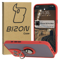 Etui z uchwytem na palec Bizon Case Hybrid Ring do iPhone 16 Pro Max, przydymione z czerwoną ramką