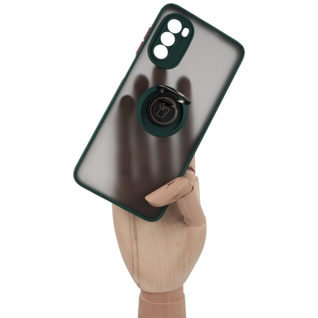 Etui z uchwytem na palec Bizon Case Hybrid Ring do Motorola Moto G52 / G82, przydymione z ciemnozieloną ramką