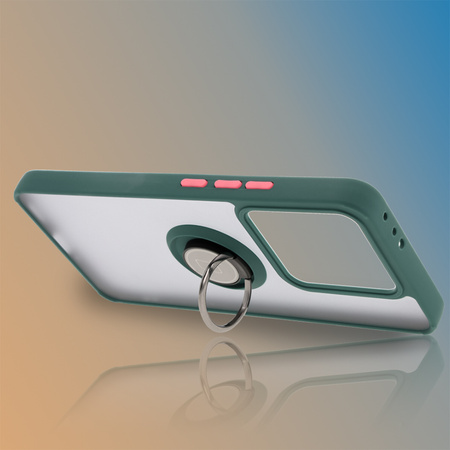 Etui z uchwytem na palec Bizon Case Hybrid Ring do Xiaomi 14T, przydymione z ciemnozieloną ramką