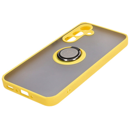 Etui z uchwytem na palec Bizon Case Hybrid Ring do Galaxy A35 5G, przydymione z żółtą ramką