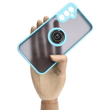 Etui z uchwytem na palec Bizon Case Hybrid Ring do Galaxy A24 4G, przydymione z jasnoniebieską ramką