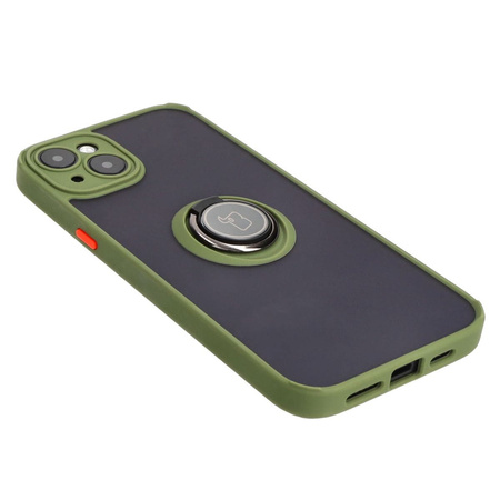 Etui z uchwytem na palec Bizon Case Hybrid Ring do iPhone 15 Plus, przydymione z zieloną ramką