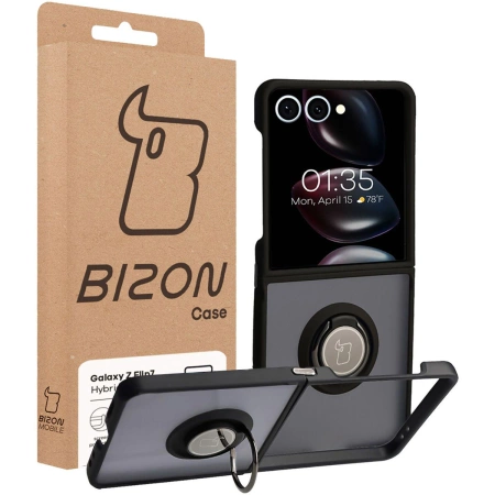 Etui z uchwytem na palec Bizon Case Hybrid Ring do Galaxy Z Flip7, przydymione z czarną ramką