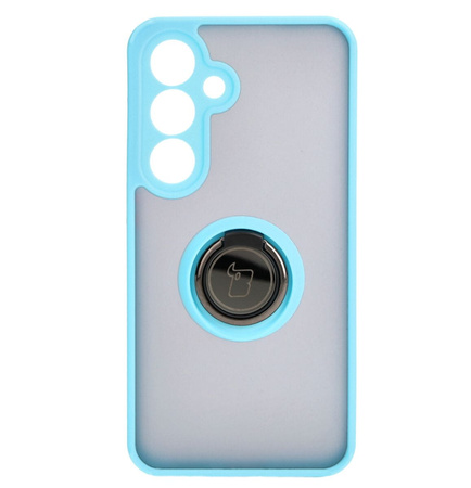 Etui z uchwytem na palec Bizon Case Hybrid Ring do Galaxy S24, przydymione z jasnoniebieską ramką