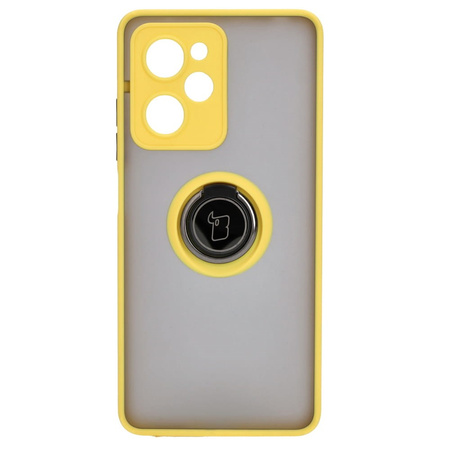 Etui z uchwytem na palec Bizon Case Hybrid Ring do Xiaomi Poco X5 Pro, przydymione z żółtą ramką