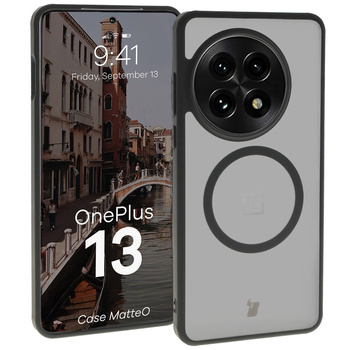 Etui z pierścieniem magnetycznym Bizon Case MatteO do OnePlus 13, półprzezroczyste z czarną ramką