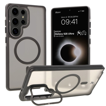 Etui z podstawką i pierścieniem magnetycznym Bizon Case Eclipse do Galaxy S25 Ultra, przydymione z czarną ramką