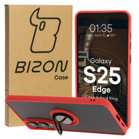 Etui z uchwytem na palec Bizon Case Hybrid Ring do Galaxy S25 Edge, przydymione z czerwoną ramką