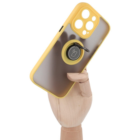 Etui z uchwytem na palec Bizon Case Hybrid Ring do iPhone 14 Pro, przydymione z żółtą ramką